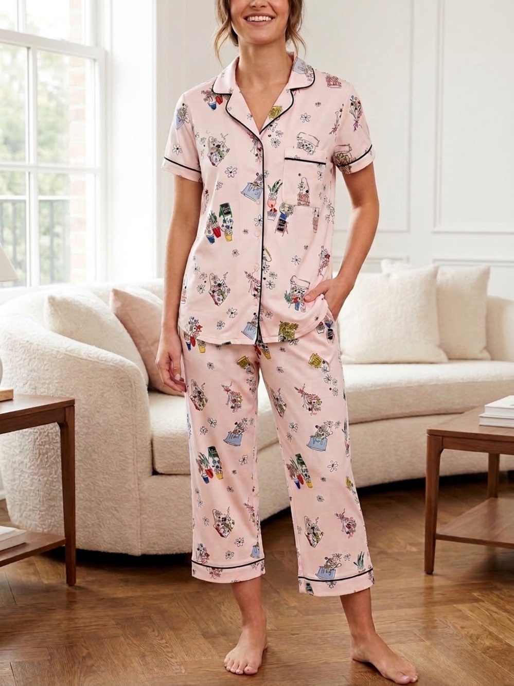 Kate Spade New York Floral Print Collar shirt Cropped Pajama Set‎ size Small